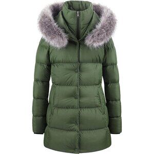 Women's Army Green Long Snow Puffer Jacket Coat Removable Faux Fur Trim Winter